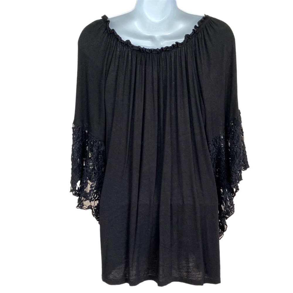 L&B Black Flowy Rayon Bell Sleeve Blouse Medium Whimsigoth Dark Fairy - Picture 3 of 12